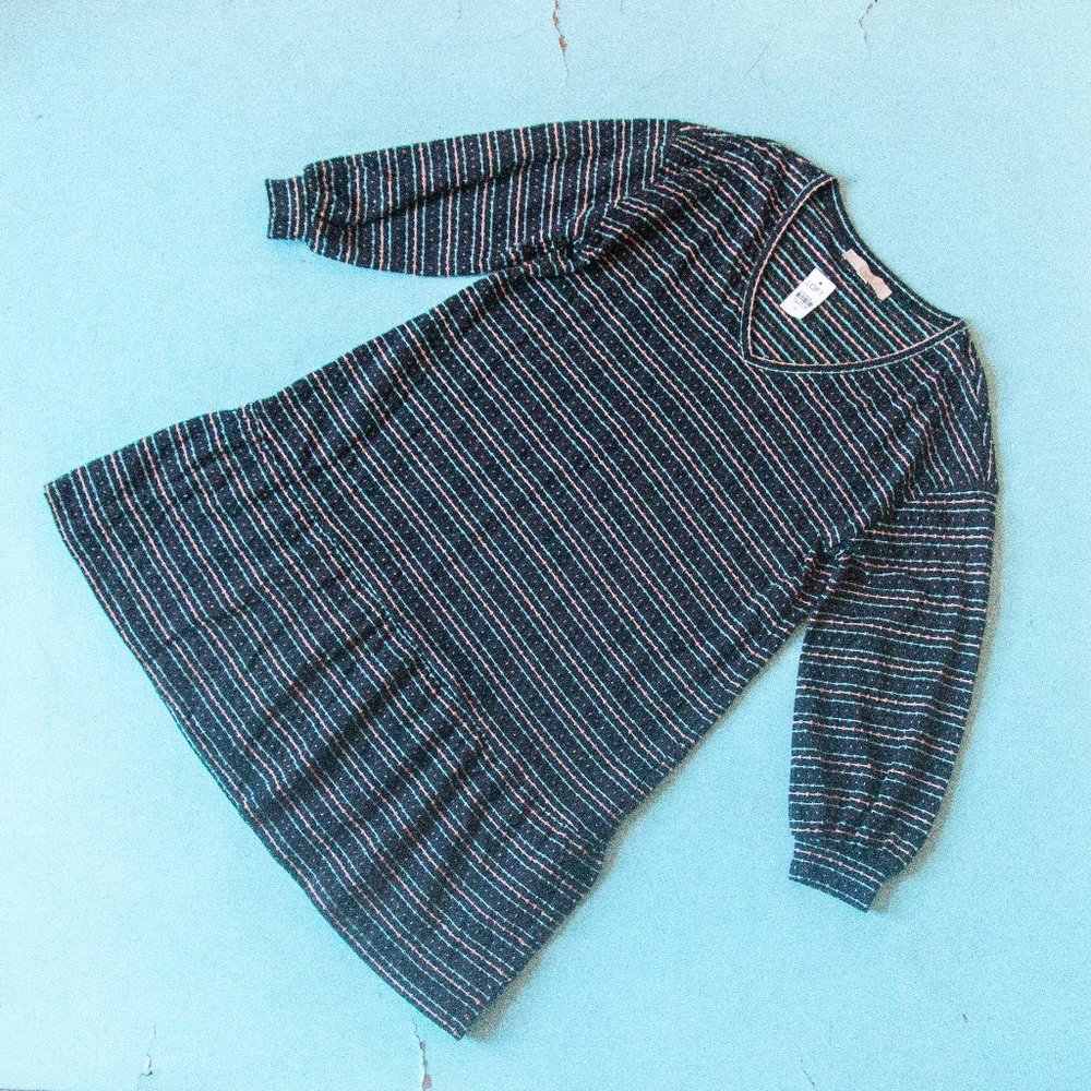 NEW LOFT Navy Blue Striped Cotton Knit V Neck Drop Waist Long Sleeve Dress Sz M